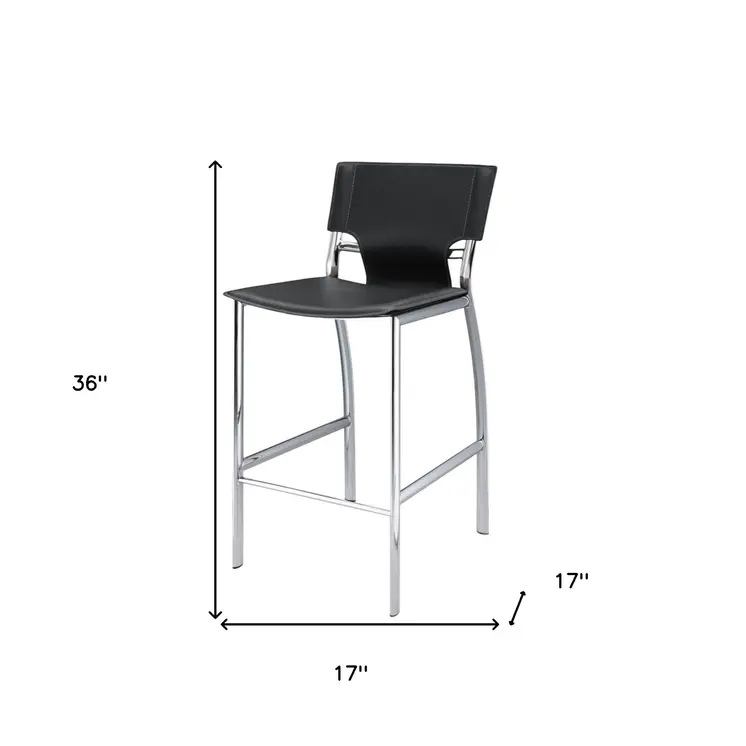 Set of Two 25" Black and Silver Faux Leather and Metal Low Back Counter Height Bar Chairs