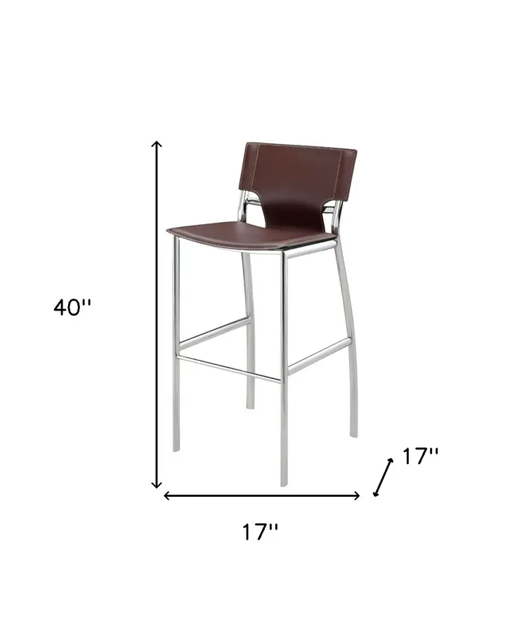 Set of Two 29" Brown and Silver Metal and Faux Leather Low Back Bar Height Bar Chairs