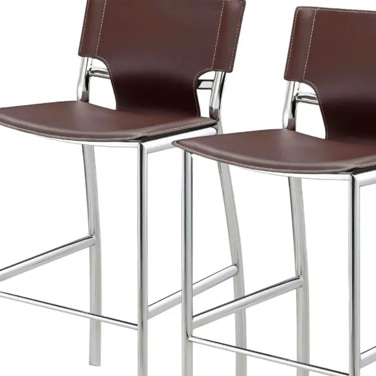 Set of Two 29" Brown and Silver Metal and Faux Leather Low Back Bar Height Bar Chairs