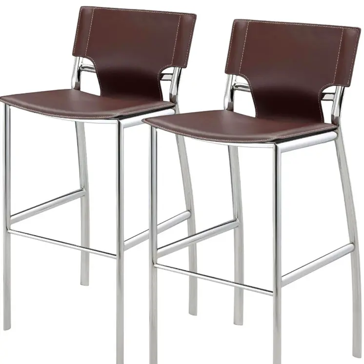 Set of Two 29" Brown and Silver Metal and Faux Leather Low Back Bar Height Bar Chairs