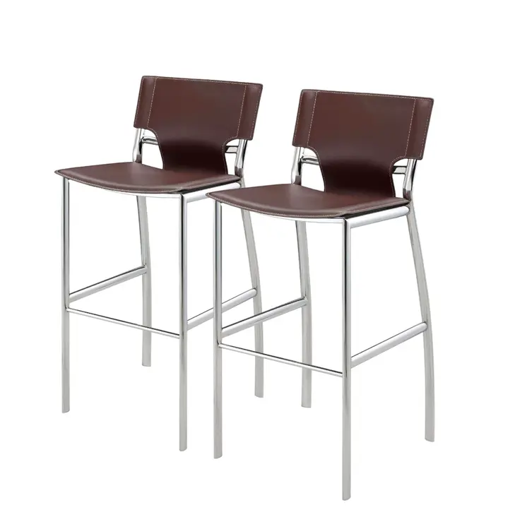 Set of Two 29" Brown and Silver Metal and Faux Leather Low Back Bar Height Bar Chairs
