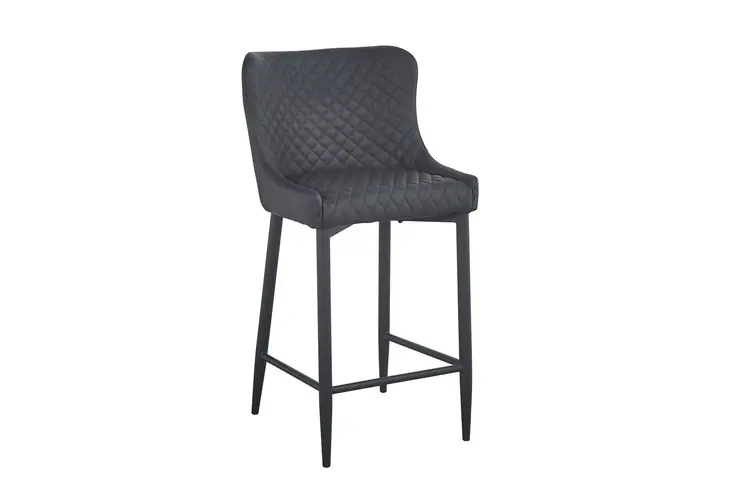 Set of Two 30" Gray and Black Faux Leather and Metal Low Back Bar Height Bar Chairs