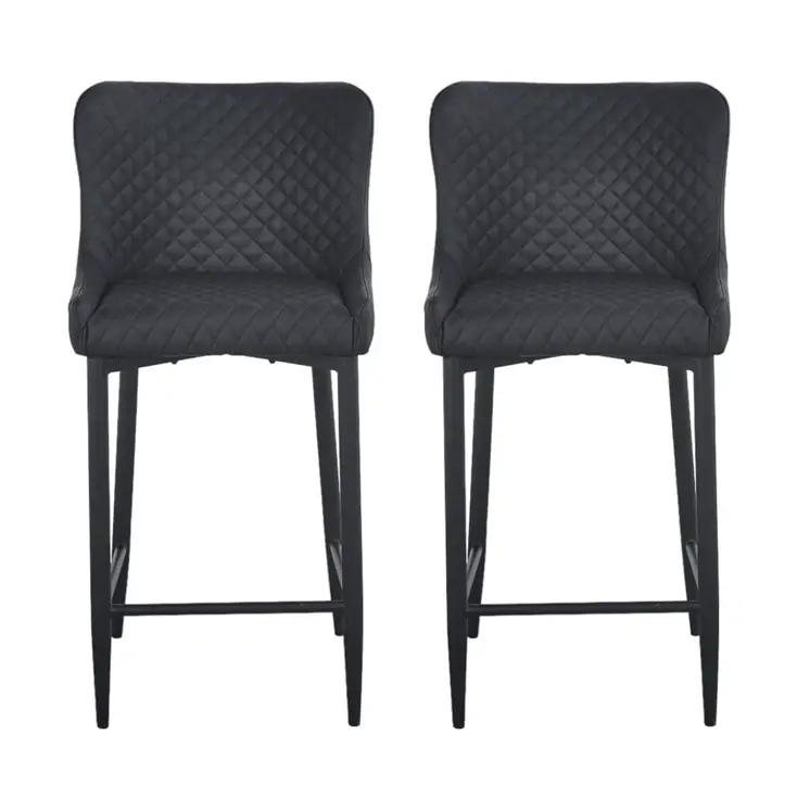 Set of Two 30" Gray and Black Faux Leather and Metal Low Back Bar Height Bar Chairs