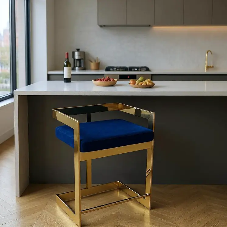 30" Blue and Gold Metal and Velvet Low Back Bar Height Bar Chair