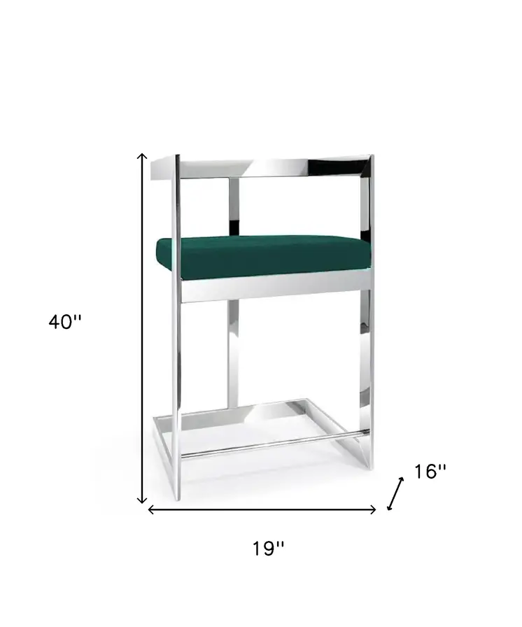 30" Green and Silver Metal and Velvet Low Back Bar Height Bar Chair