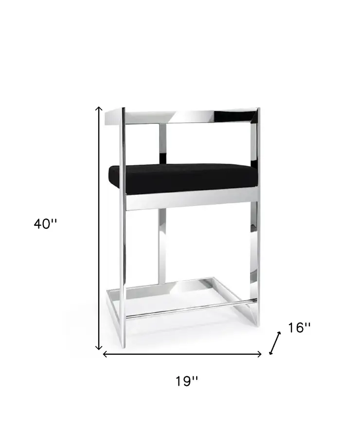 30" Black and Silver Velvet and Stainless Steel Low Back Bar Height Bar Chair