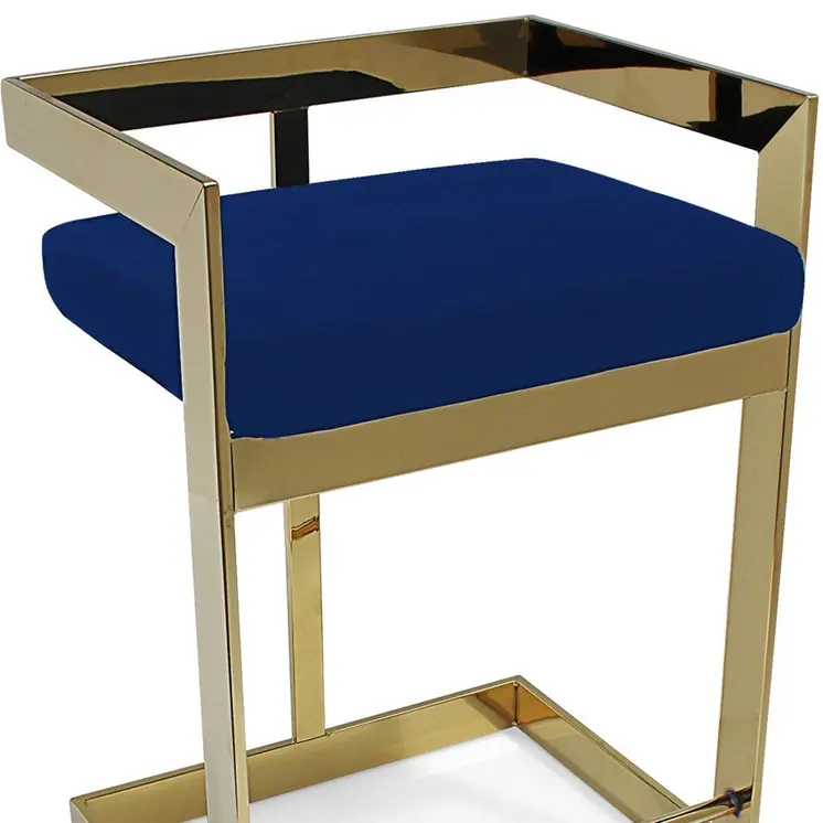 26" Blue and Gold Metal and Velvet Low Back Counter Height Bar Chair