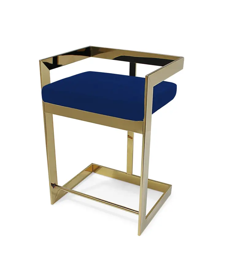 26" Blue and Gold Metal and Velvet Low Back Counter Height Bar Chair