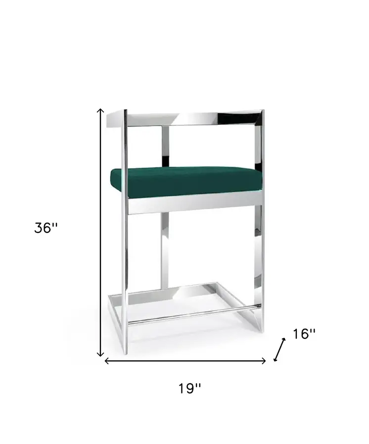 26" Green and Silver Velvet and Stainless Steel Low Back Counter Height Bar Chair