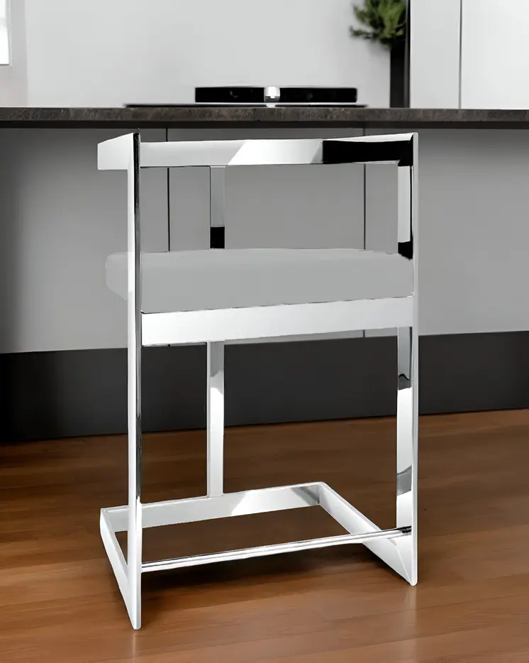 26" Gray and Silver Velvet and Stainless Steel Low Back Counter Height Bar Chair