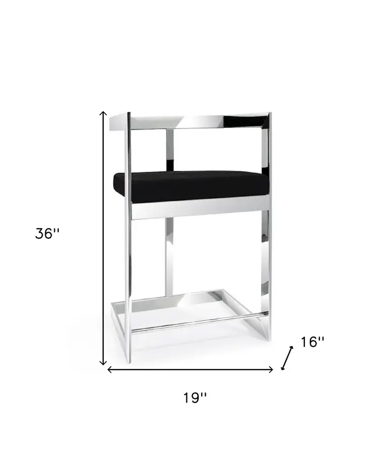 26" Black and Silver Velvet and Stainless Steel Low Back Counter Height Bar Chair