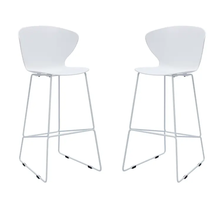 Set of Two 30" White and Silver Heavy Duty Plastic and Metal Low Back Bar Height Bar Chairs