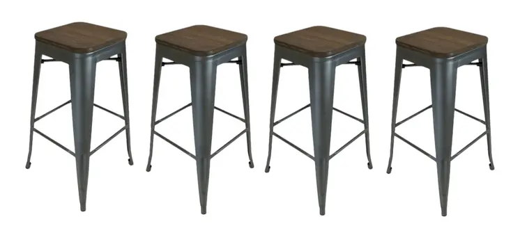Set of Four 30" Brown and Gunmetal Solid Wood and Metal Backless Bar Height Bar Chairs
