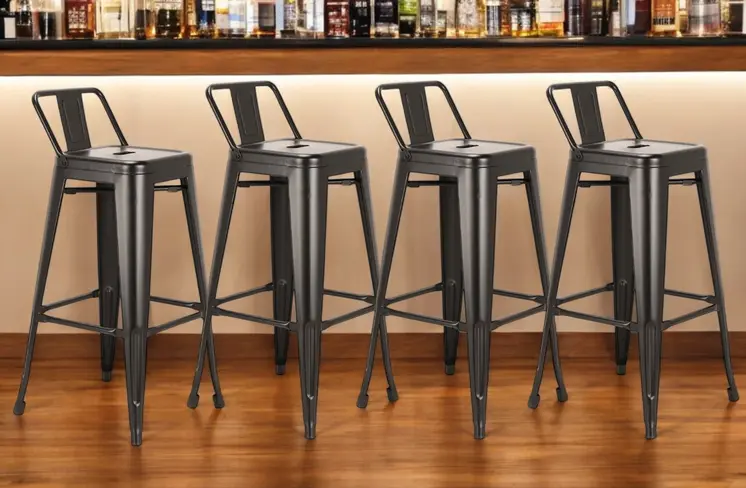 Set of Four 30" Black Steel and Metal Low Back Bar Height Bar Chairs