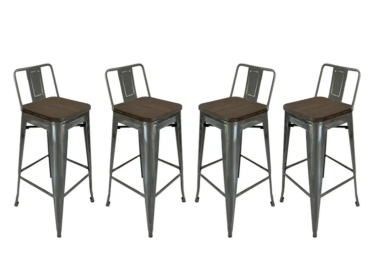 Set of Four 30" Brown and Gray Solid Wood and Metal Low Back Bar Height Bar Chairs