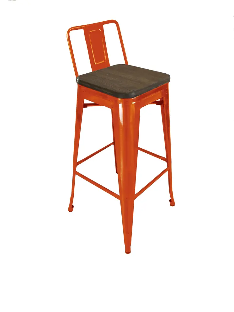 Set of Four 30" Brown and Orange Solid Wood and Steel Low Back Bar Height Bar Chairs