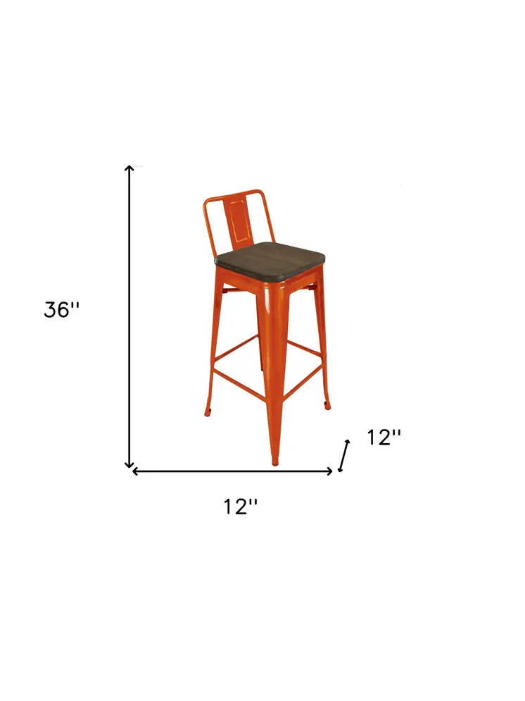 Set of Four 30" Brown and Orange Solid Wood and Steel Low Back Bar Height Bar Chairs