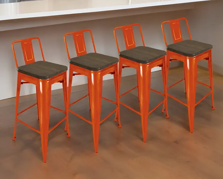Set of Four 30" Brown and Orange Solid Wood and Steel Low Back Bar Height Bar Chairs