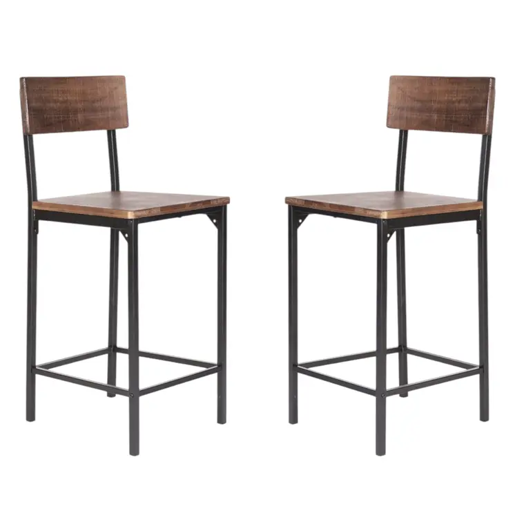 Set of Two 25" Brown and Black Solid Wood and Metal Counter Height Bar Chairs