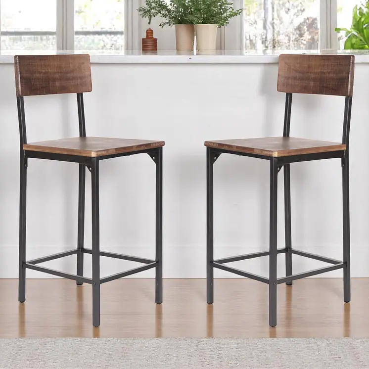 Set of Two 25" Brown and Black Solid Wood and Metal Counter Height Bar Chairs