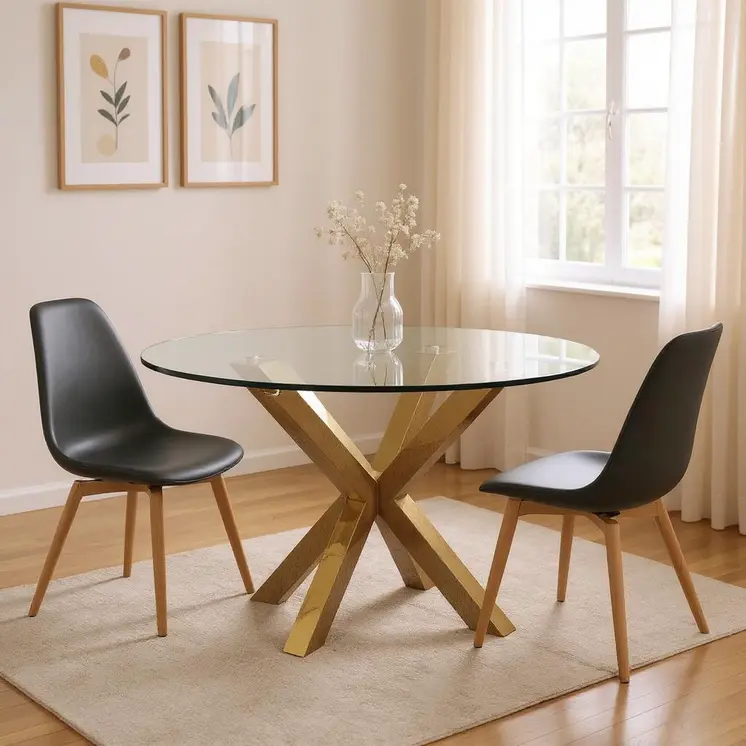 54" Clear and Gold Glass And Metal Cross Leg Base Round Top Dining Table