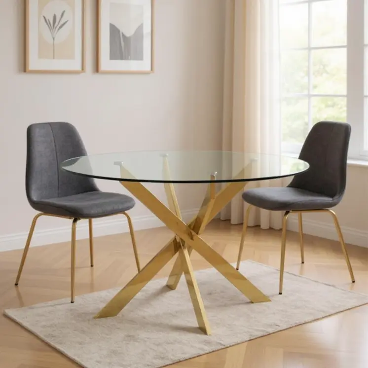54" Clear and Gold Glass And Metal Cross Leg Base Round Top Dining Table