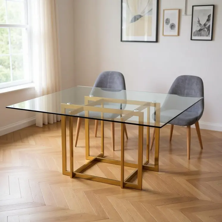 59" Clear and Silver Glass And Metal Pedestal Base Square Dining Table
