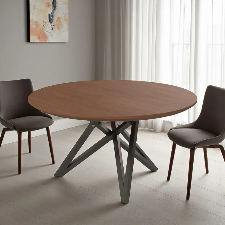 47" Brown and Gray Wood And Stainless Steel Cross Leg Base Round Top Dining Table