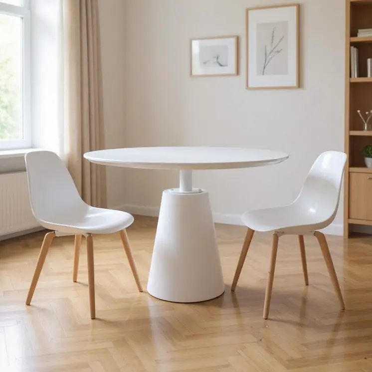 42" White Wood And Metal Pedestal Base Round Top Dining Table