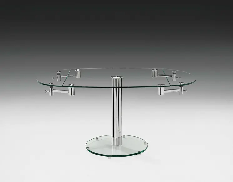 40" Clear and Silver Glass and Metal Self-Storing Leaf Motion Extendable Dining Table