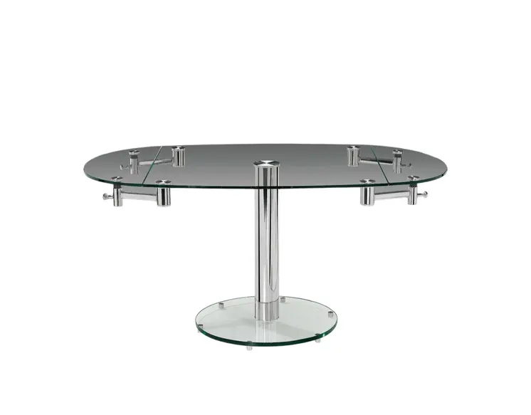 40" Clear and Silver Glass and Metal Self-Storing Leaf Motion Extendable Dining Table