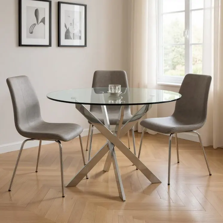 48" Clear and Silver Glass And Metal Cross Leg Base Round Top Dining Table