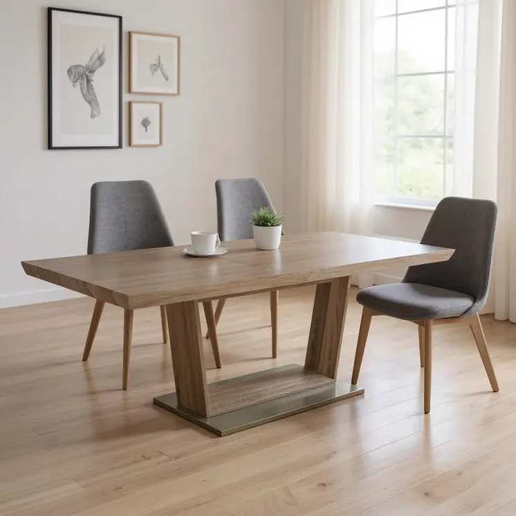 71" Gray Wood And Metal Self-Storing Leaf Pedestal Base Extendable Dining Table