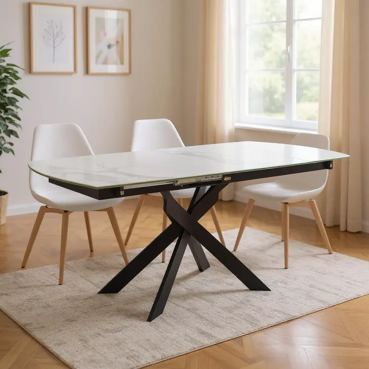 47" White Gray and Black Ceramic And Metal Self-Storing Leaf Cross Leg Base Oval Extendable Dining Table