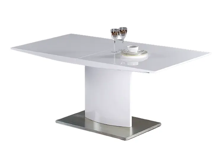 63" White Metal Self-Storing Leaf Pedestal Base Dining Table