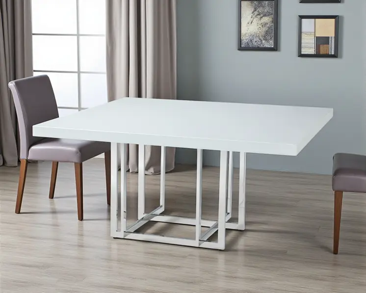 59" White and Silver Wood And Metal Pedestal Base Square Dining Table