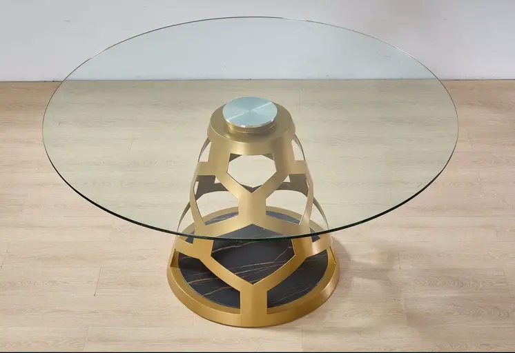 48" Clear And Gold Rounded Glass And Metal Pedestal Base Dining Table