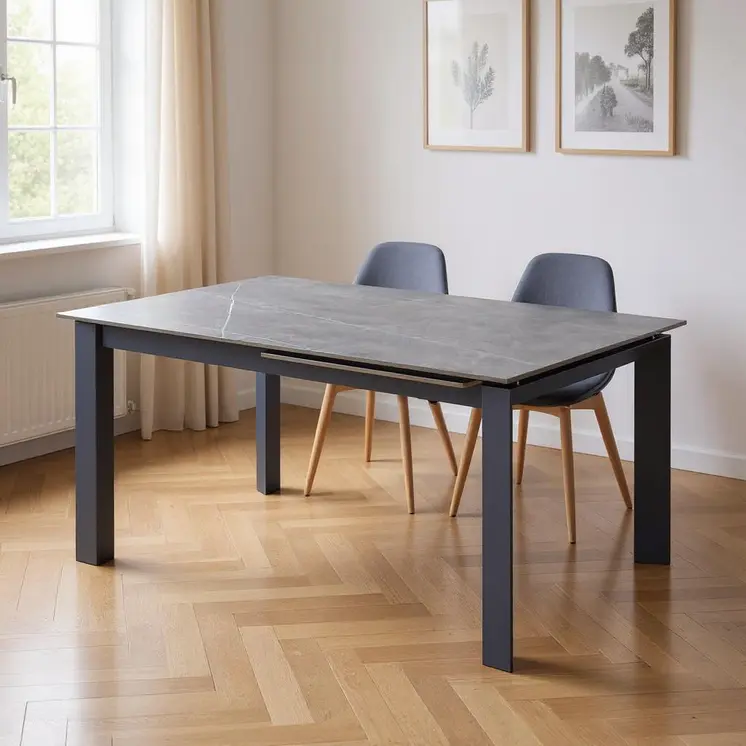 55" Gray Ceramic And Metal Self-Storing Leaf Extendable Dining Table