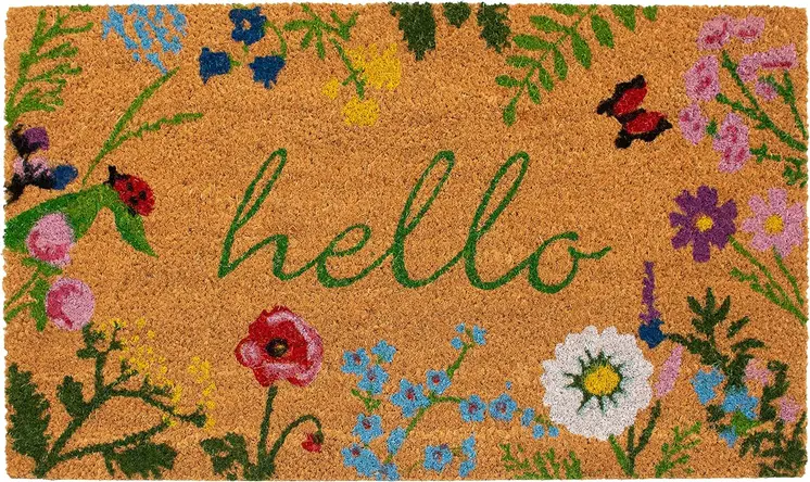 17" X 29" Natural and Green Coir Floral Hello Outdoor Door Mat