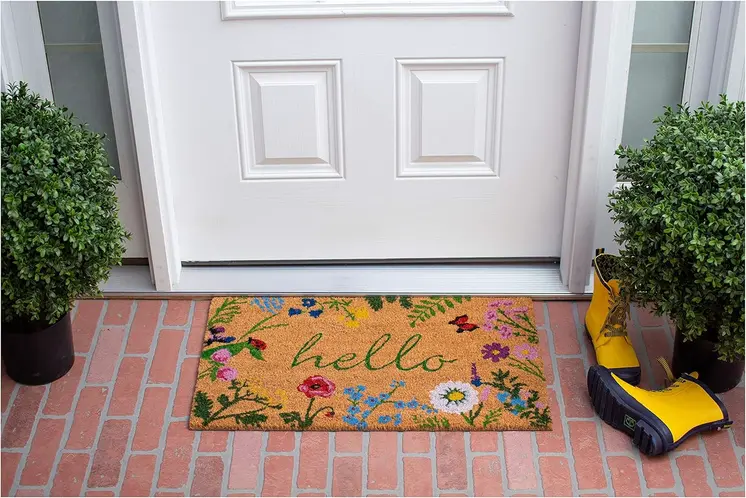 17" X 29" Natural and Green Coir Floral Hello Outdoor Door Mat