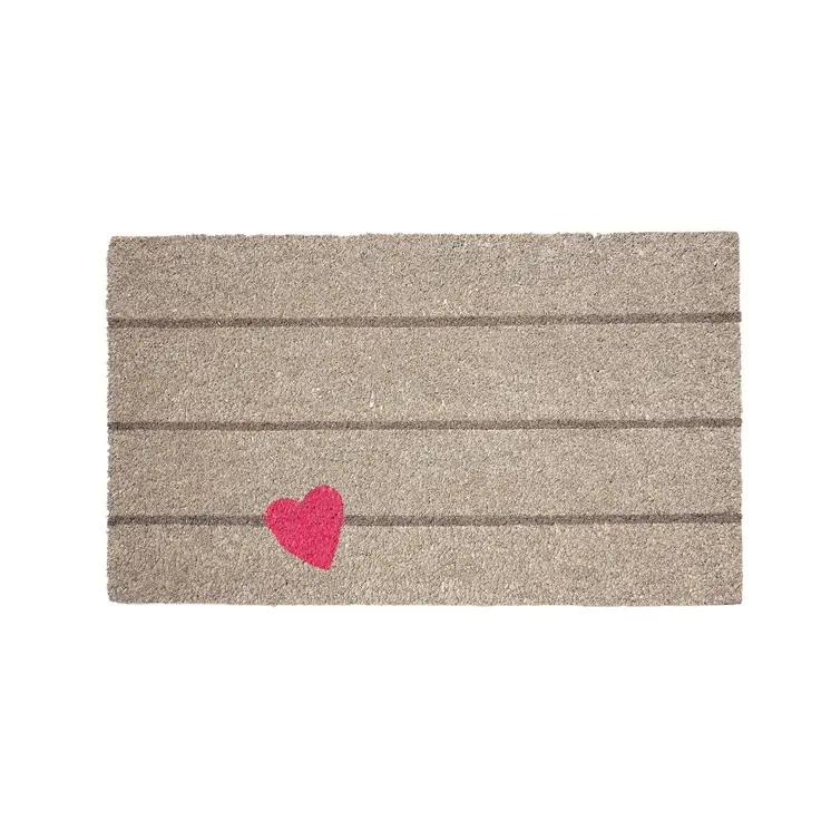17" X 29" Gray and Pink Coir Heart and Stripe Outdoor Door Mat