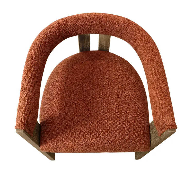 Burnt Orange and Brown Upholstered Boucle Open Back Dining Arm Chair