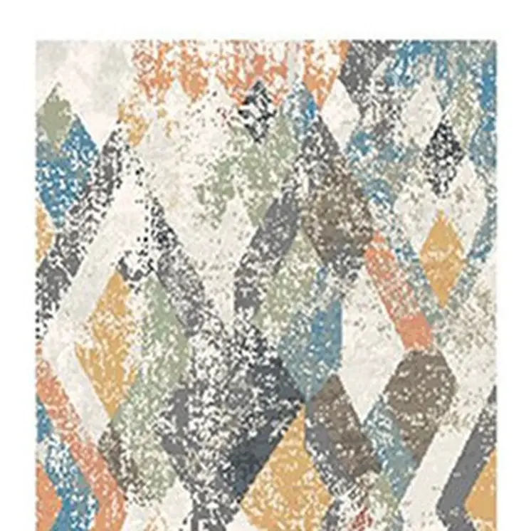 8' Beige Blue and Gray Geometric Distressed Runner Rug With Fringe