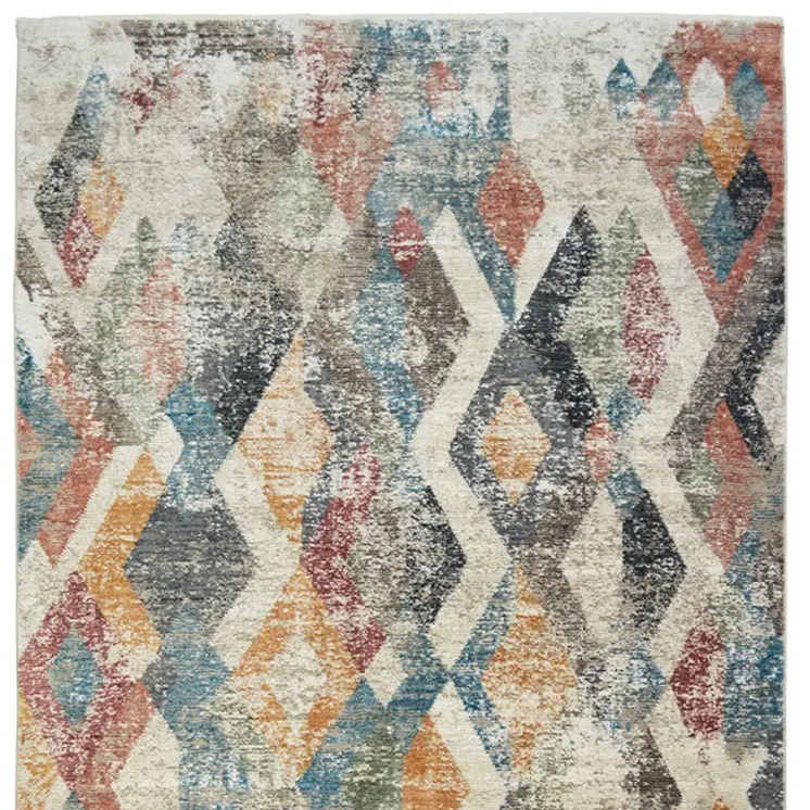 9' X 13' Beige Blue and Gray Geometric Distressed Area Rug With Fringe