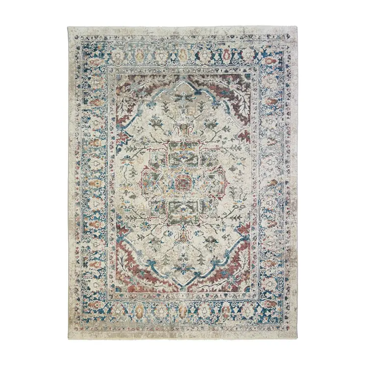 2' X 3' Ivory Blue and Gray Oriental Distressed Area Rug With Fringe
