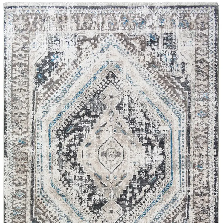 2' X 3' Gray Beige and Blue Geometric Distressed Area Rug With Fringe