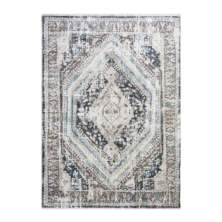 2' X 3' Gray Beige and Blue Geometric Distressed Area Rug With Fringe