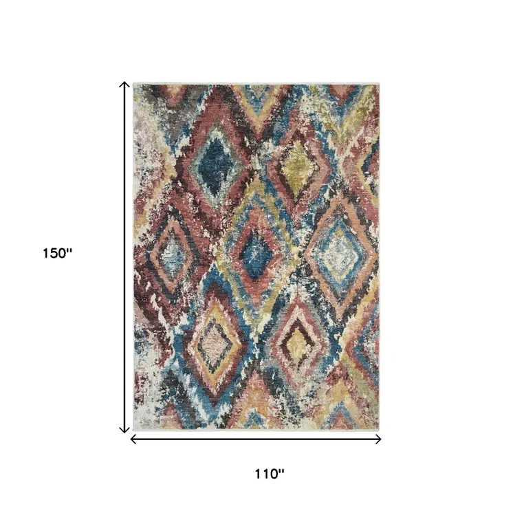 9' X 13' Blue Geometric Distressed Area Rug With Fringe