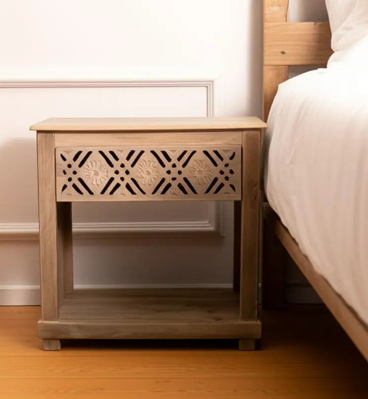 28" Natural Solid Wood Carved Geometric One Drawer Nightstand