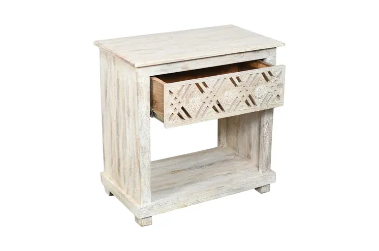 28" White Solid Wood Distressed Carved Geometric One Drawer Nightstand